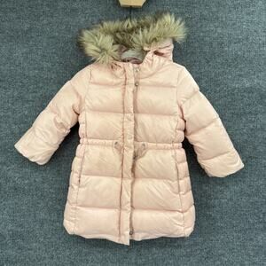 Gap Kids Girls Down Puffer Coat Longline Jacket 3T Pink Faux Fur Hood Pockets